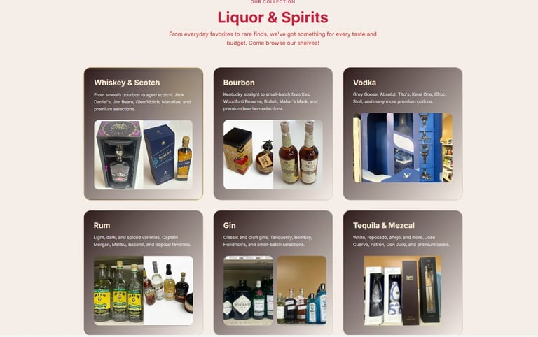 Liquor and Spirits product category grid showing six types of alcohol: Whiskey and Scotch, Bourbon, Vodka, Rum, Gin, and Tequila and Mezcal with example bottles displayed.
