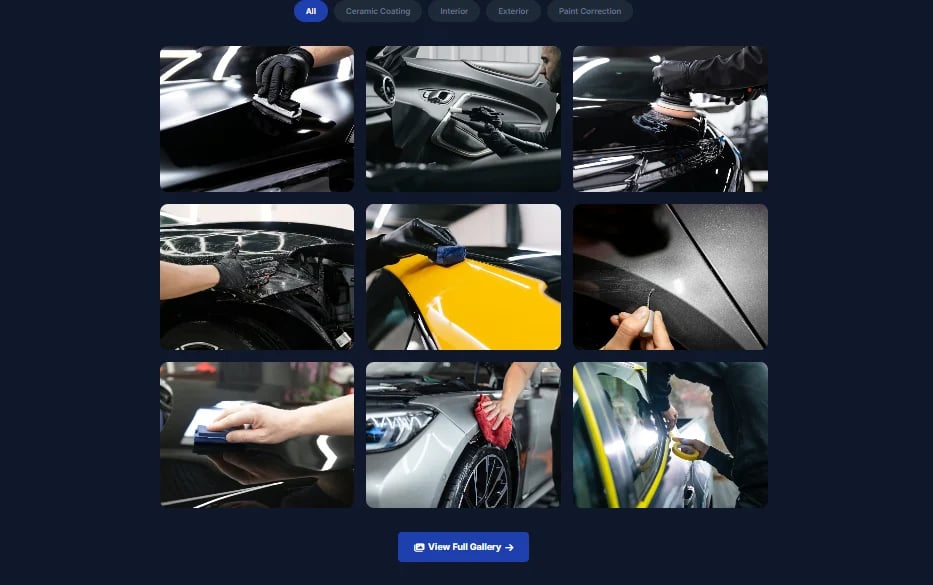 Grid of 9 automotive maintenance and detailing images showing car care procedures and techniques