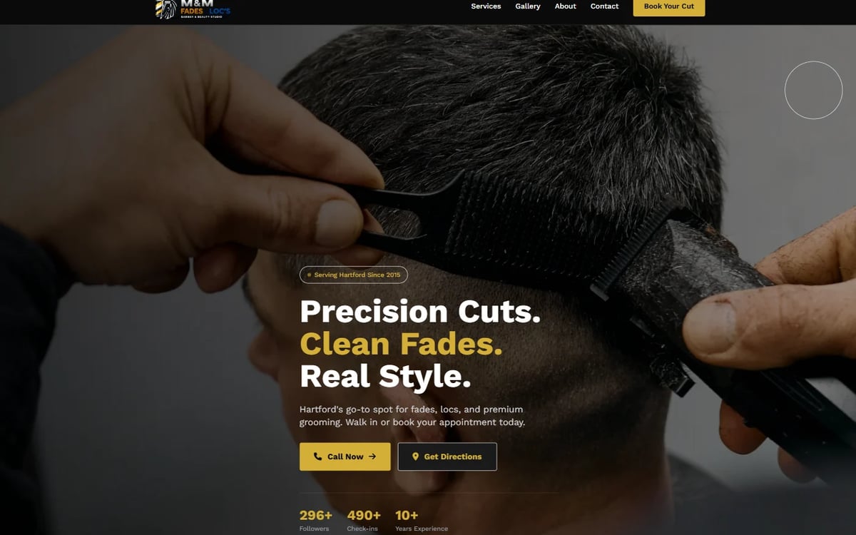Barber cutting clients hair with text highlighting precision cuts, clean fades, and real style services