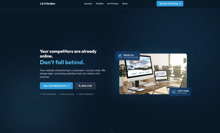Website header with Your competitors are already online headline, call-to-action button, and mockup of responsive web design on multiple devices