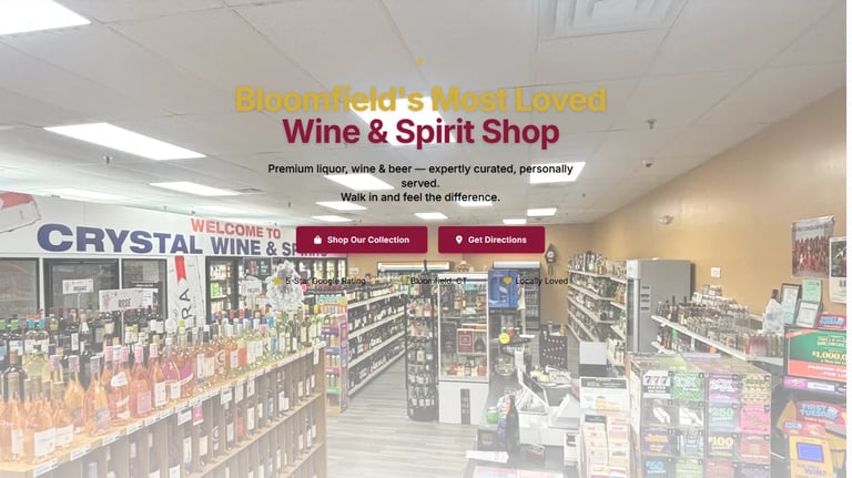 Interior of a wine and spirits shop displaying shelves stocked with bottles of liquor, featuring signage and store branding