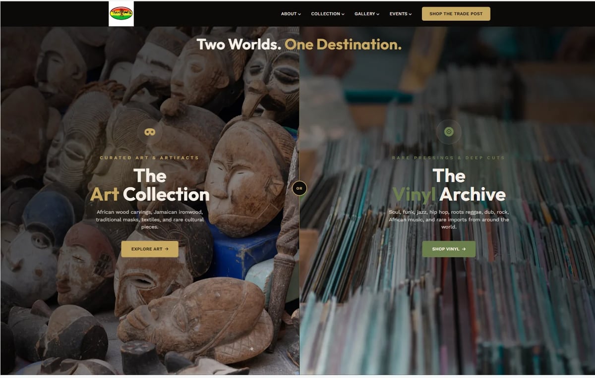 Museum website homepage with Two Worlds One Destination tagline, featuring The Art Collection and The Archive sections with Egyptian artifacts and library items