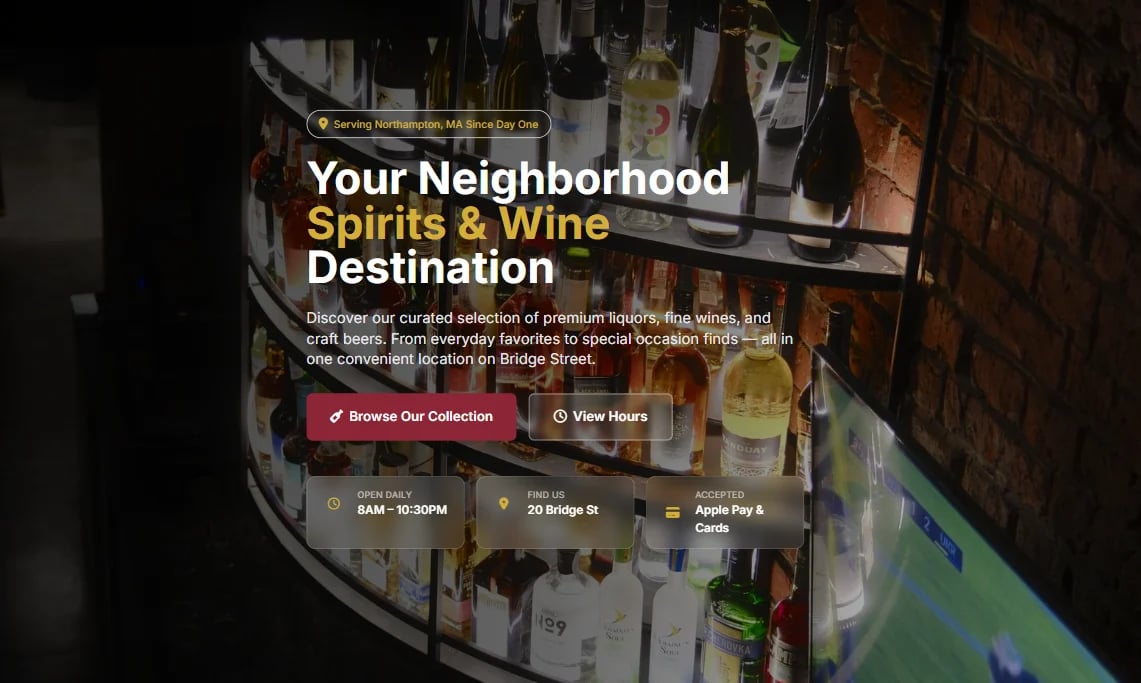 Aerial view of a neighborhood spirits and wine shop with overlay text, browse collection button, view hours link, and location details.